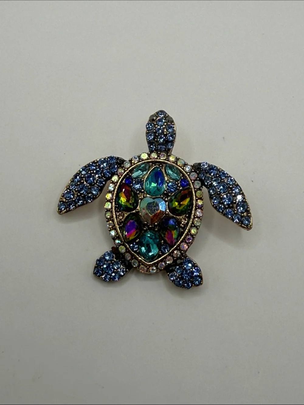 Vintage Gold Tone Blue Rhinestone Turtle Small Statement Brooch Pin